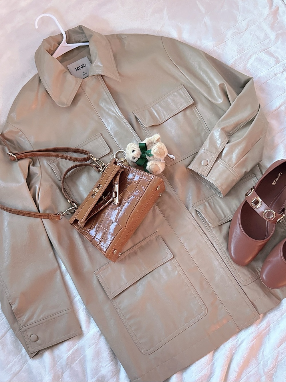 Mixxo Vegan Leather Utility Jacket in Light Beige